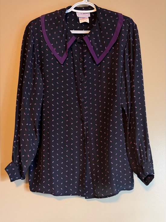 louben Tops - Vintage 80’s Louben Black & Purple Paisley Scroll Print Oversized Collar Blouse